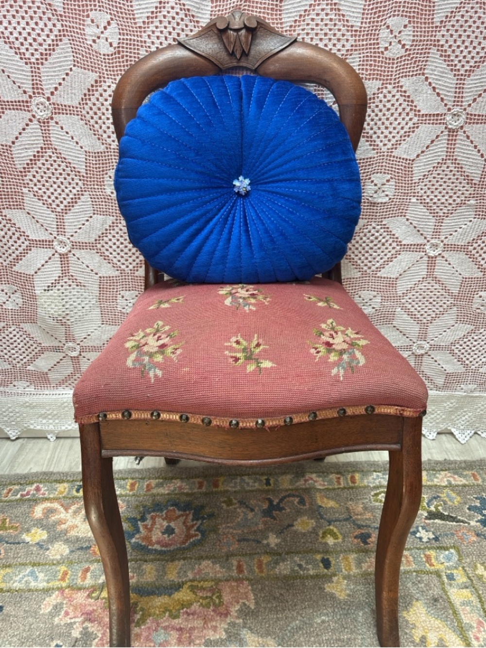 Upcycled Pleated Round Cushion w/ Removable Staffordshire Floral Brooch